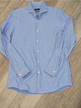 BOSS Men's Navy and White Striped Dress Shirt Ralphcore/Preppy
